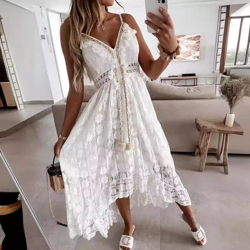 

Summer Woman Dress Satin Spaghetti Strap Dresses A Line V Neck Maxi Dress Mid Waist Pullover Evening Dress Lace Asymmetrical Hem