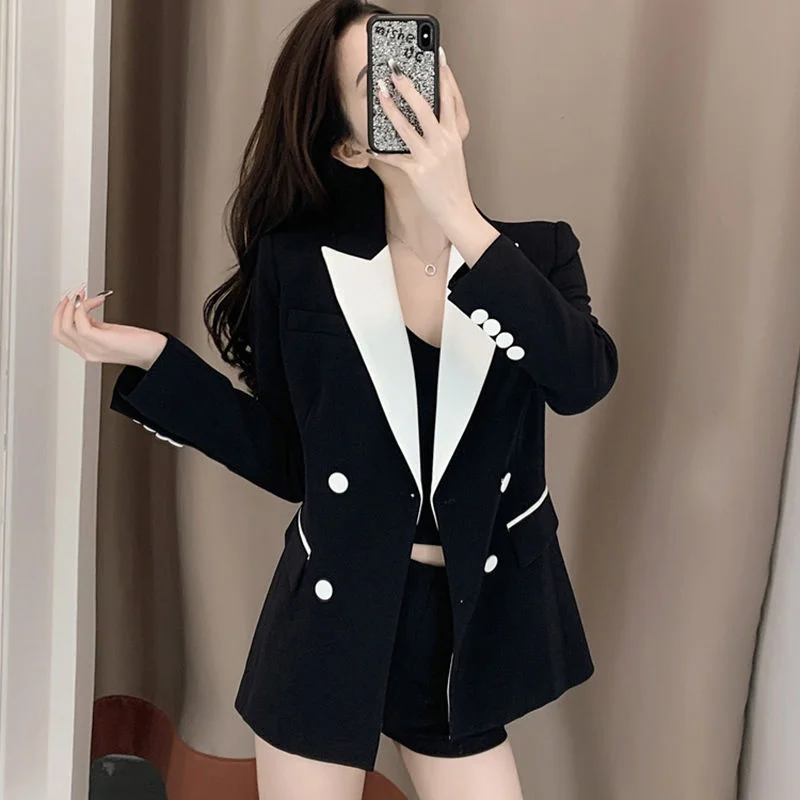 High-Quality Black Suit Jacket Women's Autumn Blazer Design Sense of Contrast Color Lady Clothes Women's Trench Coat C34
