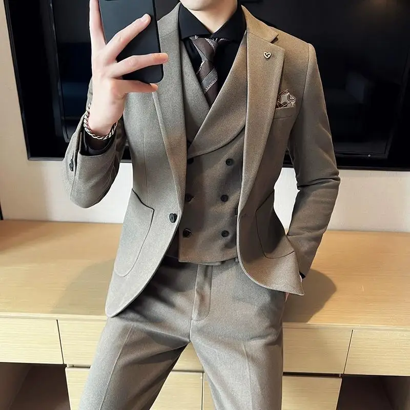 High-end Thickened Woolen Suit Men's Korean Version Slim British Small Suit Groom Wedding Dress