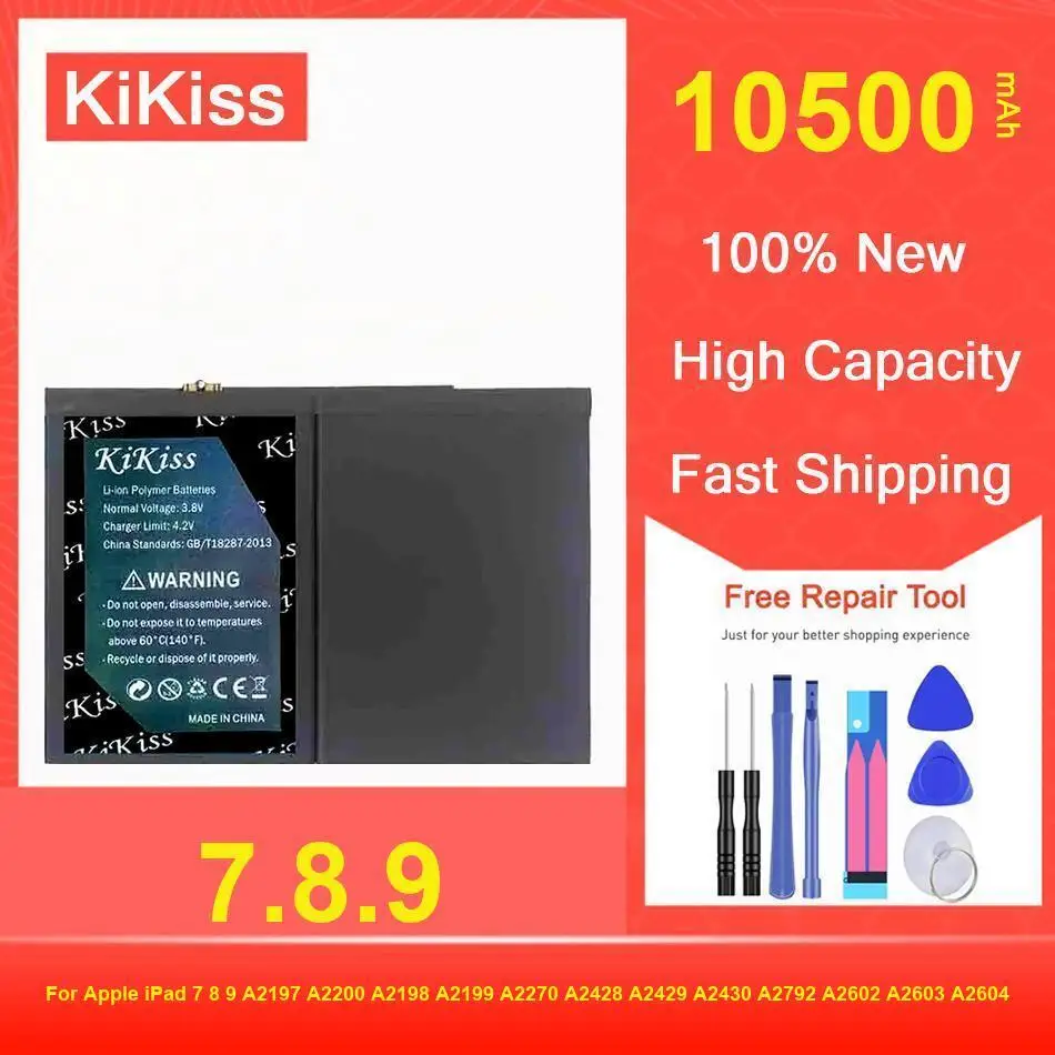 

Аккумулятор Kikiss 10500 мАч для Ipad 7 8 9 Ipad7 Ipad8 Ipad9 A2197 A2200 A2198 A2199 A2270 A2428 A2429 A2430