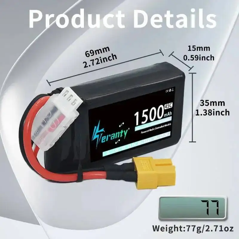 3 قطعة TERANTY 2S 3S 4S يبو بطارية 1500mAh 45C مع T XT30 XT60 JST التوصيل لطائرة هليكوبتر كوادكوبتر FPV الطائرة بدون طيار سباق السيارات #2