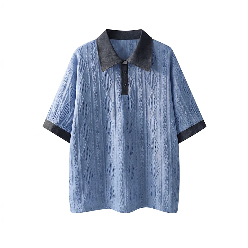 Summer New Style Men's Short-Sleeved Classic Contrasting Collar Trendy Shirt with Open-Weave Texture
