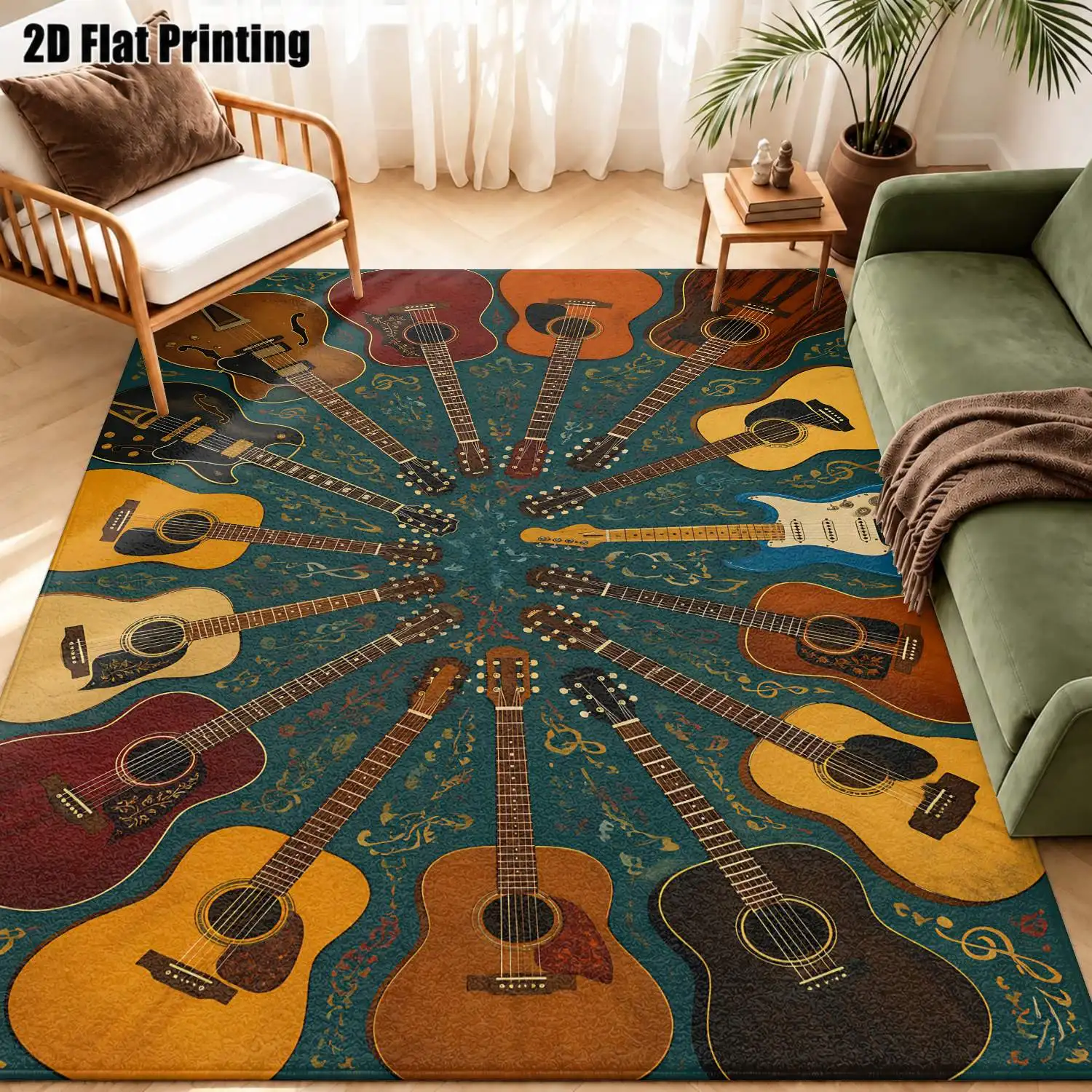 1Pc 2D Printed Retro Guitar Pattern Carpet: European, Bohemian, Geometric, Abstract Art Style, Machine Washable, Multi-Size, for Home Decoration, Living Room, Bedroom, Dining Room, Entrance, Study