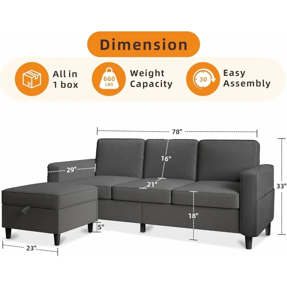 Sectional Sofa Couches for Living Room78Dark Grey3Seat L-Shaped Couch  Storage Ottoman,Modern Linen Convertible Sectionals Sofas