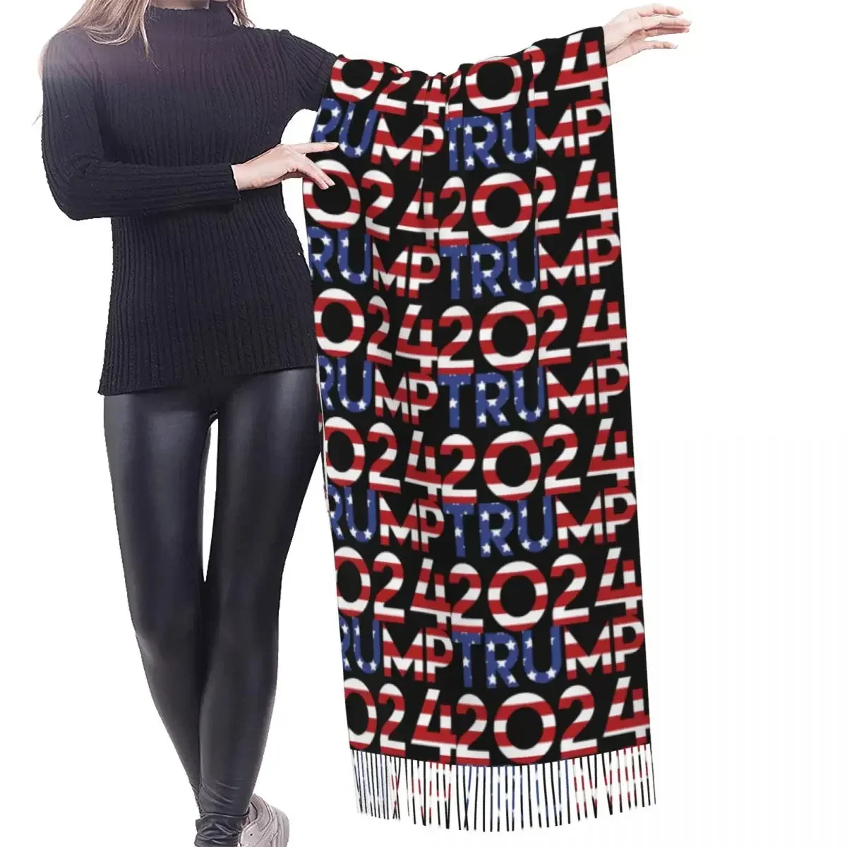 Fashion Trump 2024 MAGA Tassel Scarf Women Winter Warm Shawl Wrap Lady USA Flag Scarves