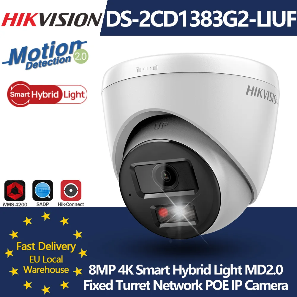 Caméra IP Hikvision DS-2CD1383G2-LIUF 8MP ColorVu Smart Hybrid Light POE MD 2.0 avec détection humaine et de véhicule, fente MIC SD, IP67, CCTV IPC