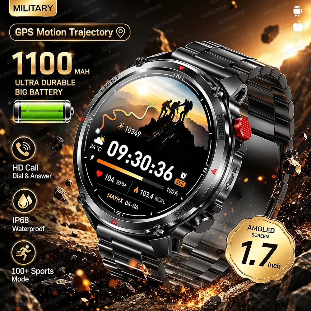 2026 New Military 1100mAh Battery Smart Watch GPS Compass Flashlight IP68 Waterproof Bluetooth Call Outdoor Sport Smartwatch Men
