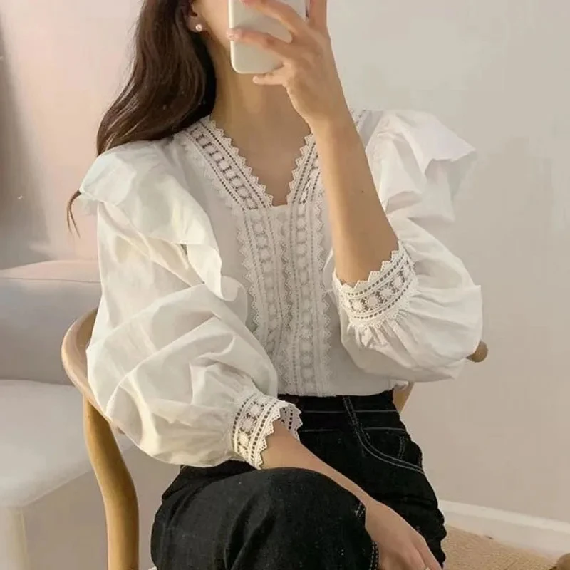 Elegant Spring Summer Lace Blouse Women Korean Style V-neck Loose Puff Sleeve Long Sleeve Ruffles Shirt Lady Casual Tops 1983