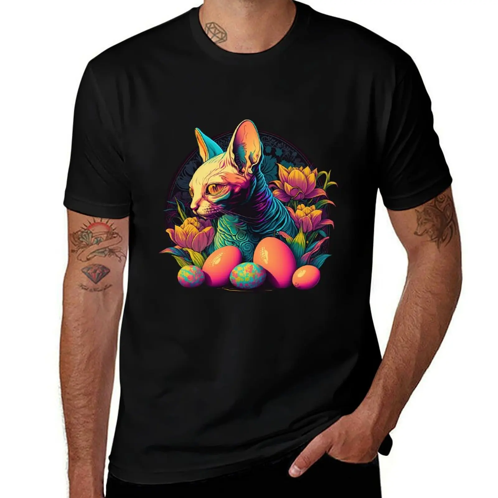

Cute shpynx cat with easter eggs and flowers T-Shirt summer top customs heavy weight t shirts for men