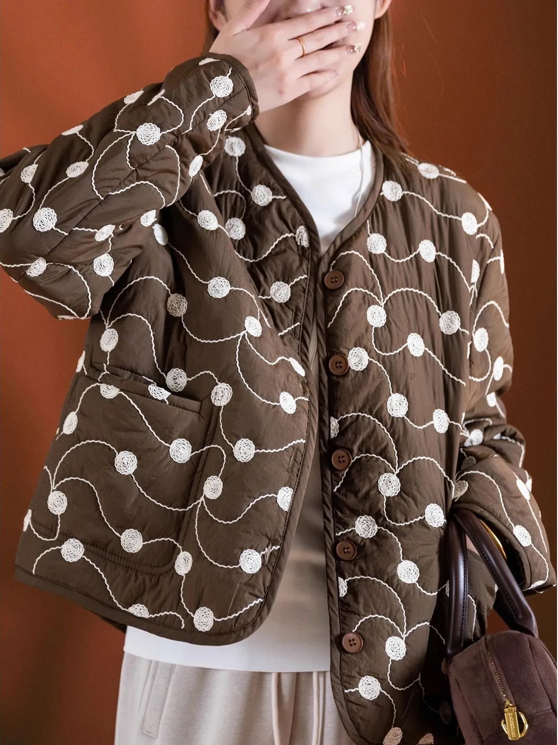 

Faionable Polka Dot Cotton Jaet Women's Winter Casual round Ne Double ket Versatile Thiened Long Sve V-Ne Coat