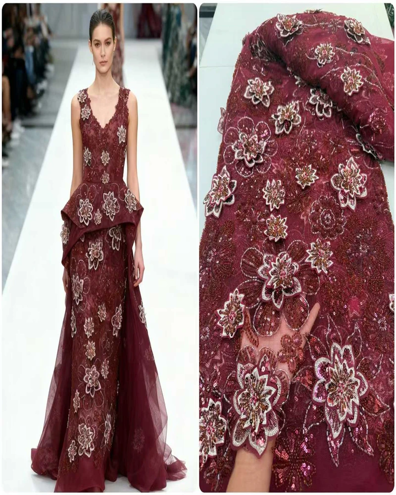 

French Mesh Bridal Lace Fabric African Sequins Beads Nigerian Style Wedding Dress Sewing for Women Hot Sale