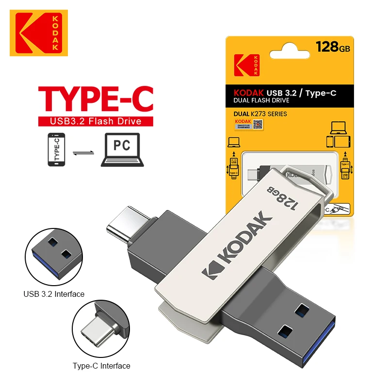 Kodak-Original 2in 1 USB Flash Drives, Tipo-C Pendrive, Dual Memory Stick, Pen Drive com adaptador iPhone, 32GB, 64GB, 128GB, 256GB, 2pcs