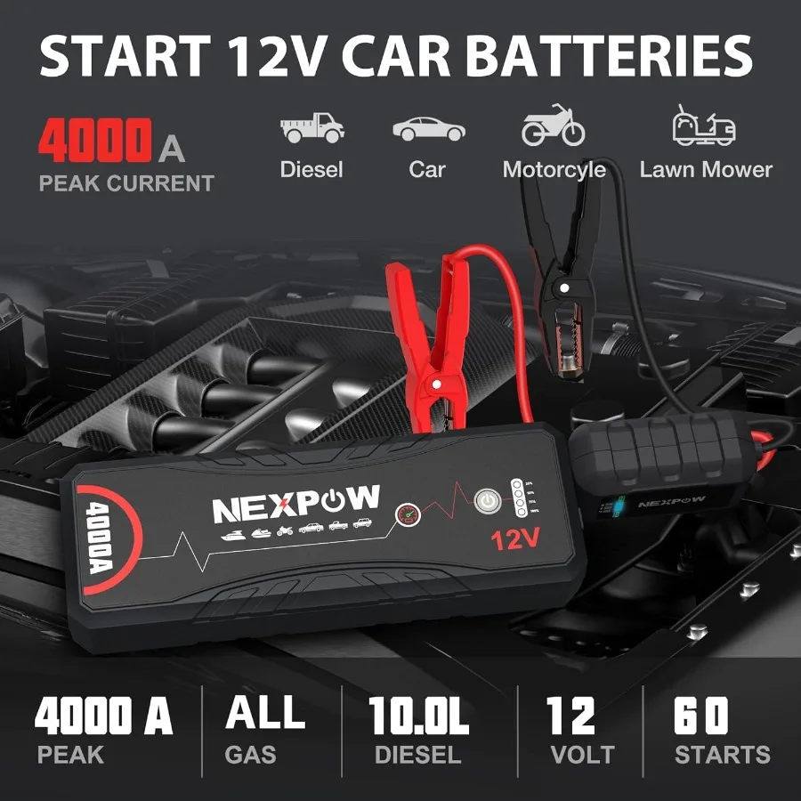 Car Jump Starter 4000A Portable Jump Box for Up to All Gas and 10.0L Diesel Engines 12V Compact Battery Booster with Bui