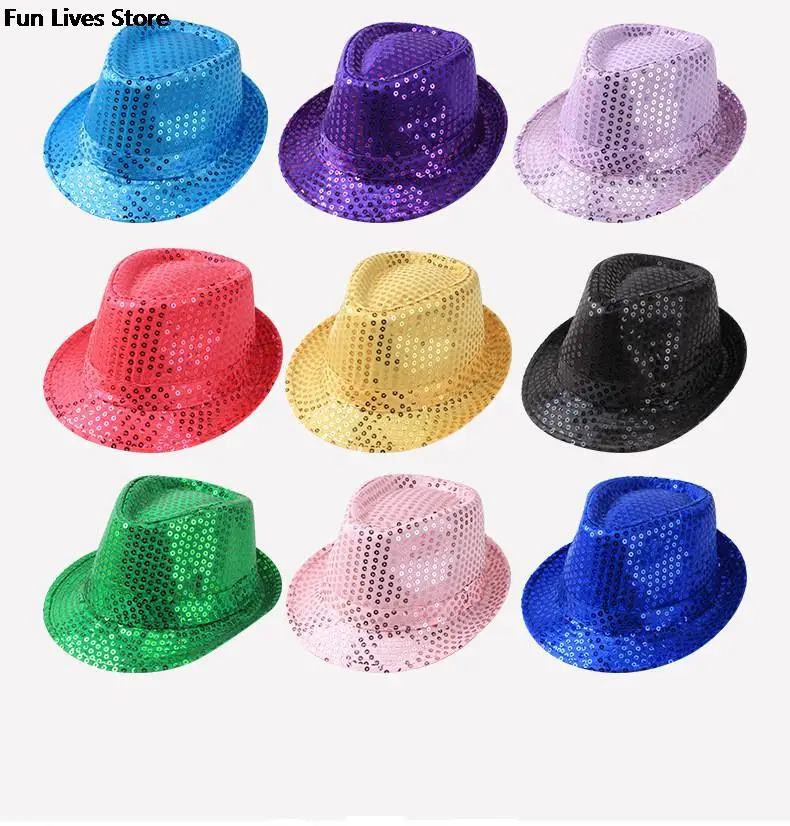 Glitter Sequins Jazz Hat Performance Costume Dance Show Bucket Hats Club Party Chapeau Cowboy Caps Role Play Bead Fedoras Hats 