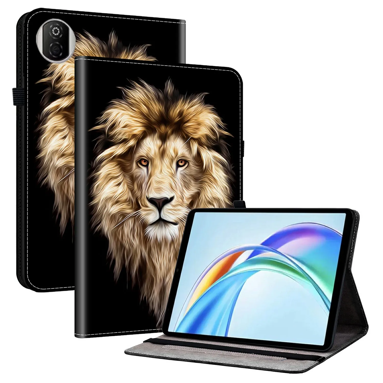 

For Honor Pad X7 Leather Case Pattern Printed Stand Tablet Cover with Card Slots - Lion Head