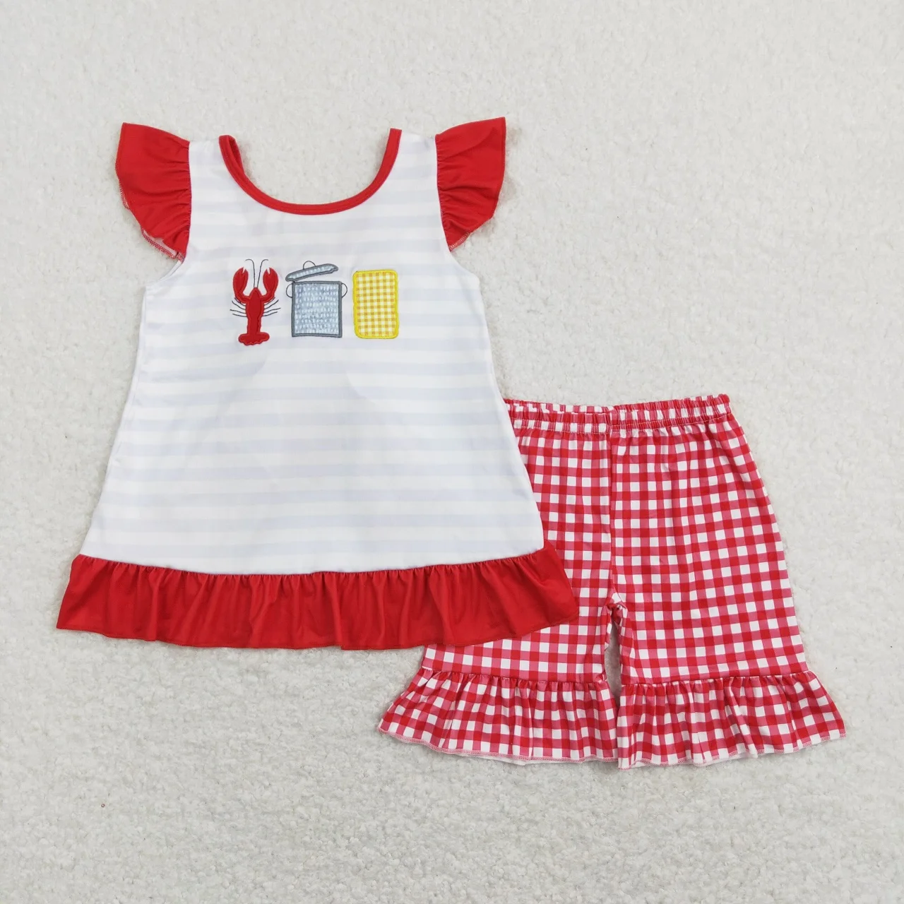 Wholesale Kids Children Summer Clothes Embroidery Crawfish Open Back Tunic Outfit Toddler Red Plaid Ruffle Shorts Baby Girl Set