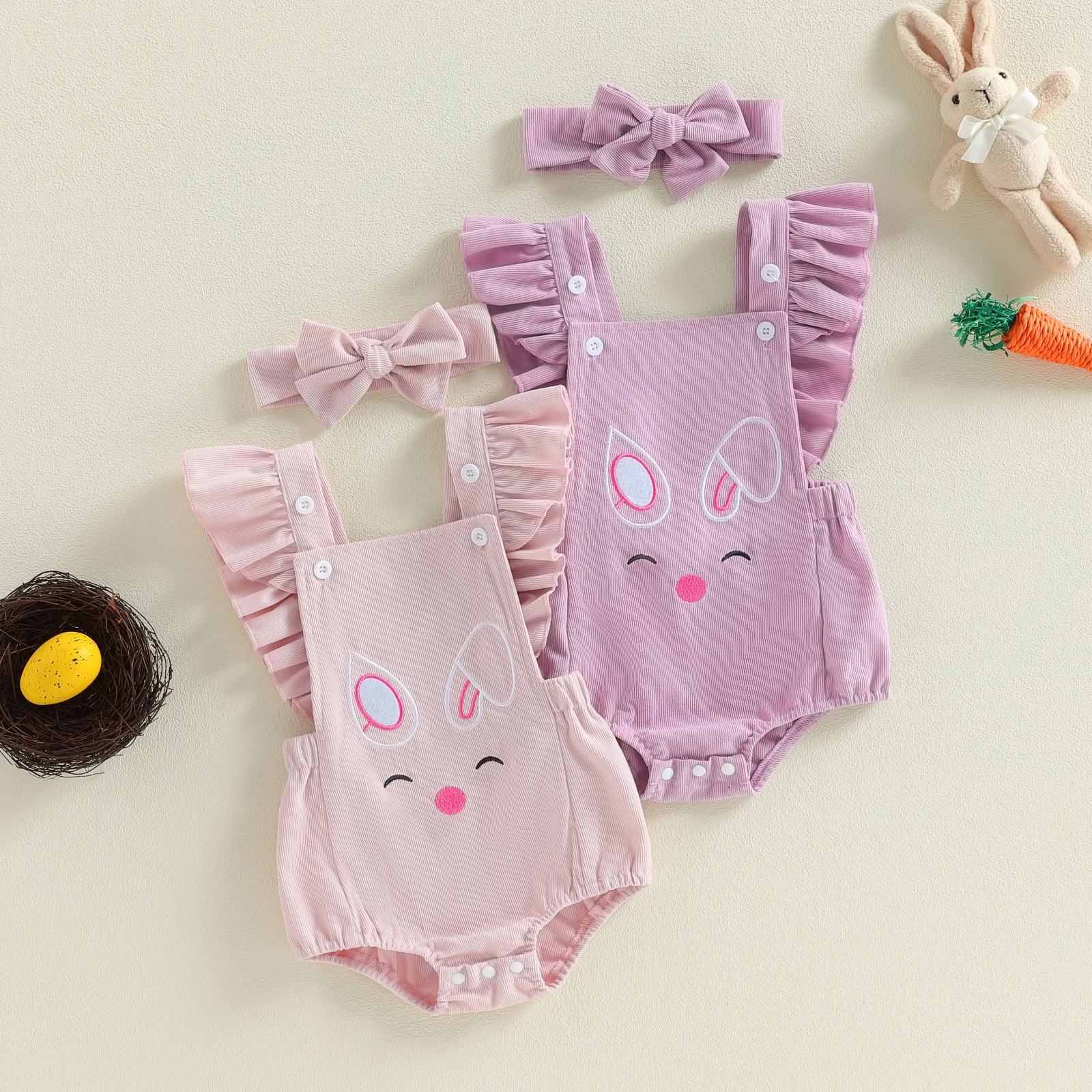 

Праздничный комплект для девочек Tregren 0-18 месяцев: комбинезон с вышивкой кролика, квадратным вырезом и рукавами-крылышками, с повязкой на голову, 2 предмета