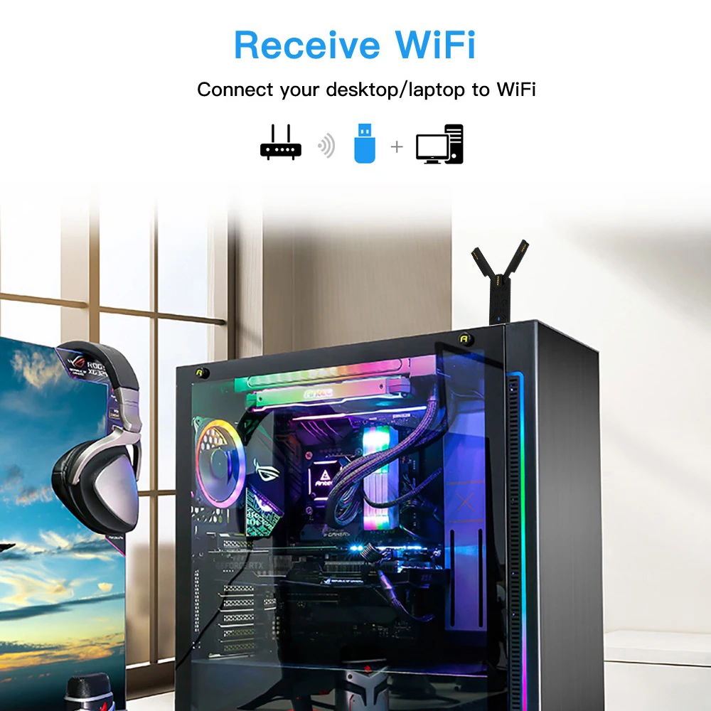 WiFi 7 BE5400 USB 3.0 Wireless Adapter 2.4GHz/5GHz/6GHz Network Card Wi-Fi High Gain Antenne For PC/Laptop Win10/11 Driver Free