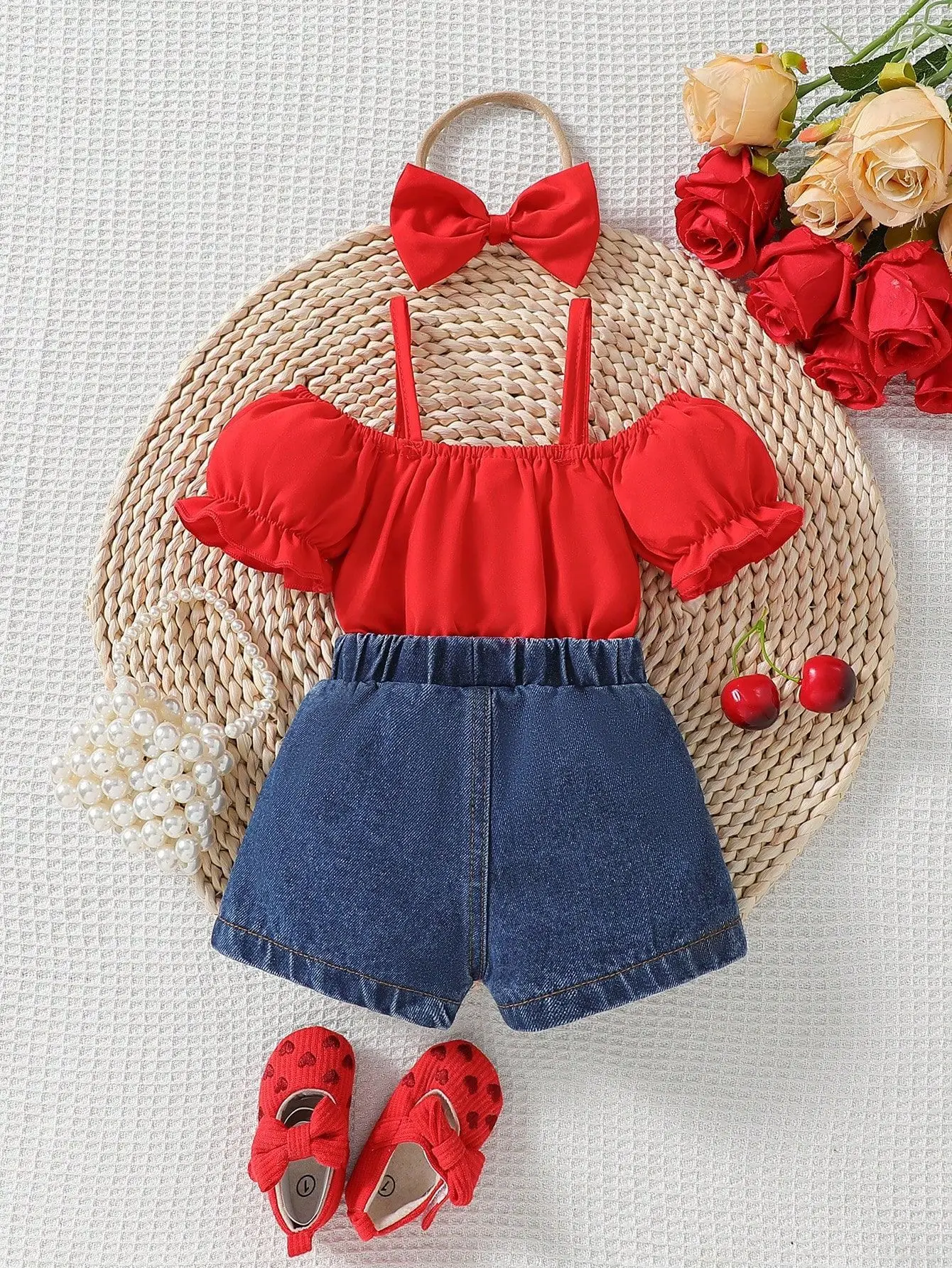 6-36 Months Baby Clothing Sets One Shoulder Lotus Leaf Camisole Top + Heart Embroidered Denim Shorts Girls Suits Kids Clothes