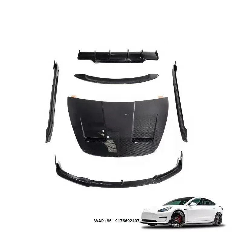 Dry Carbon Fiber Front and Rear Diffuser Engine Hood Side Skirts V-shaped Body Kit Suitable forTesla Model 3
