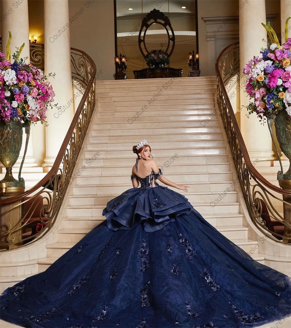 Off Shoulder Navy Blue Quinceanera Dresses Beaded Lace Appliques Pincess Ball Gown Ruffles Mexican Sweet 15 Dress Customized