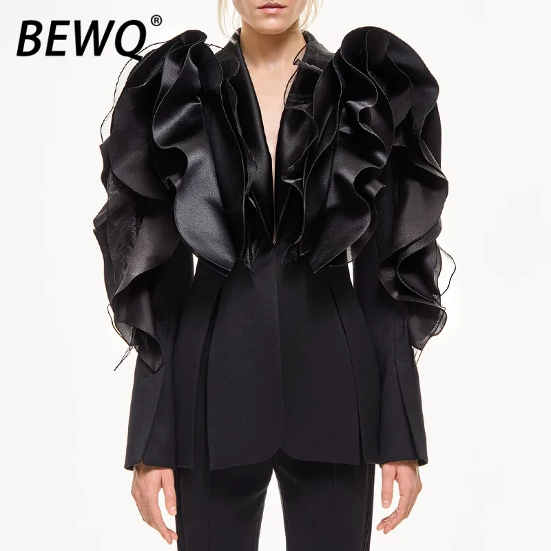 

BEWQ Модный женский блейзер с 3D-юбкой-юбкой, глубоким V-образным вырезом, длинными рукавами, скрытыми пуговицами, однобортный, весна 2026, новинка