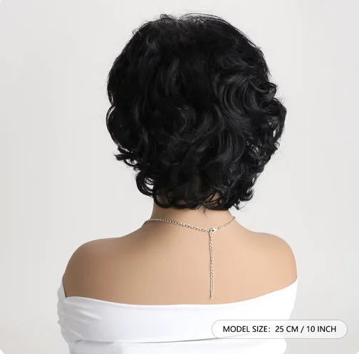 Wig sintetis hitam Natural 10 inci untuk wanita, Wig pendek keriting pesta sehari-hari tahan panas