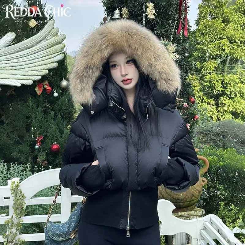 ReddaChic Cinched Short Puffer Jacket Women Versatile Warm Thick Quilted Zip-up Hooded Faux Fur Bubble Down Coat Winter Outwear
