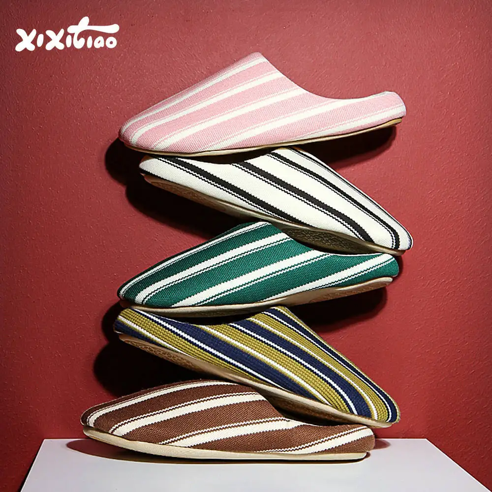 

Breathable Cotton Hemp Slippers Summer Unisex Striped Slippers for Men Women Soft Home Slides