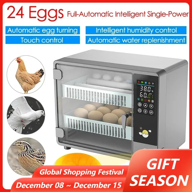 24 Eggs Incubator Full-Automatic Touch Intelligent Temp Control Hatching Brooder Farm Chicken Goose Duck Bird Egg Incubator