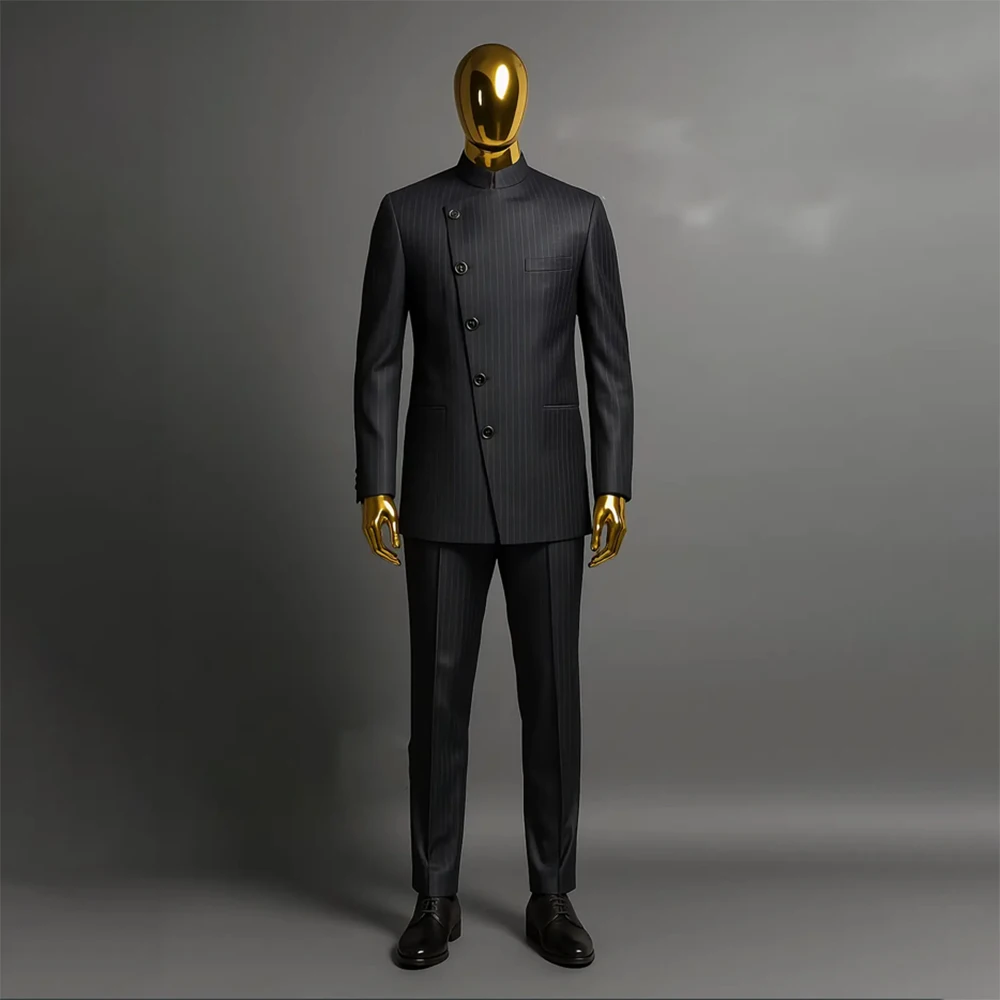 

Элегантный мужской костюм-двойка с черными полосками: пиджак с диагональной планкой в стиле Неру и брюки для делового образа (комплект)