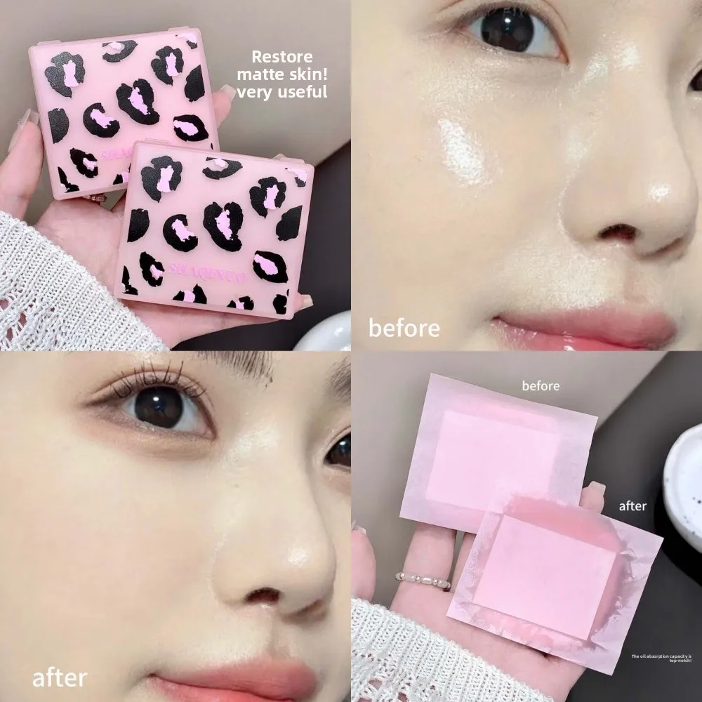 

100 Sheets Facial Oil Absorbing Paper Pink Leopard Print with Mirror Beauty Tool Portable Storage Box Oil Removing Paper