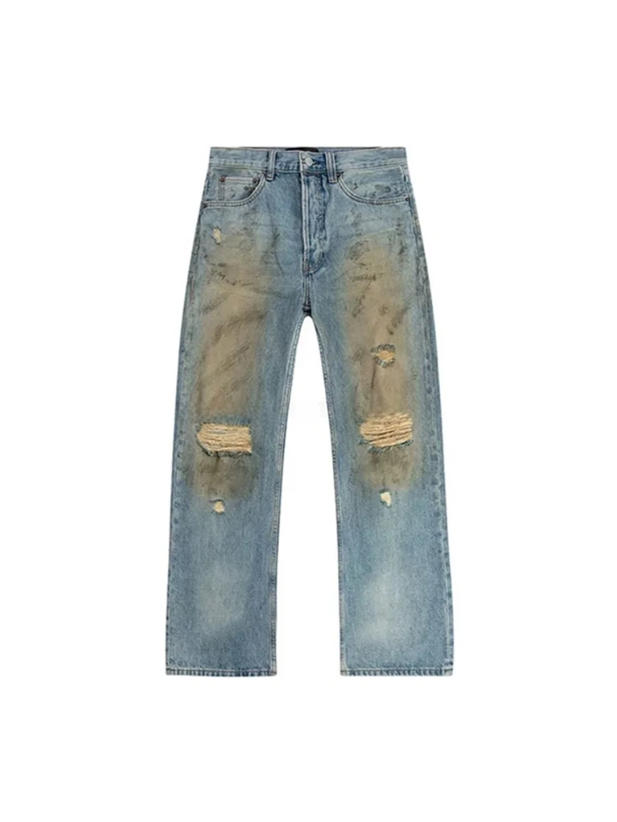 

Vintage Distressed Acid Wash Loose Fit Bell Bottom Jeans AC Style Casual Wear Youthful Trend Tear Drop Pattern Button Fly