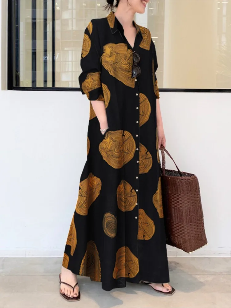 

2025 Summer New Arrival Women's Elegant Dress Elegant Large Lapel Button Leisure Fashion Print Loose Long Dress Female Clothing