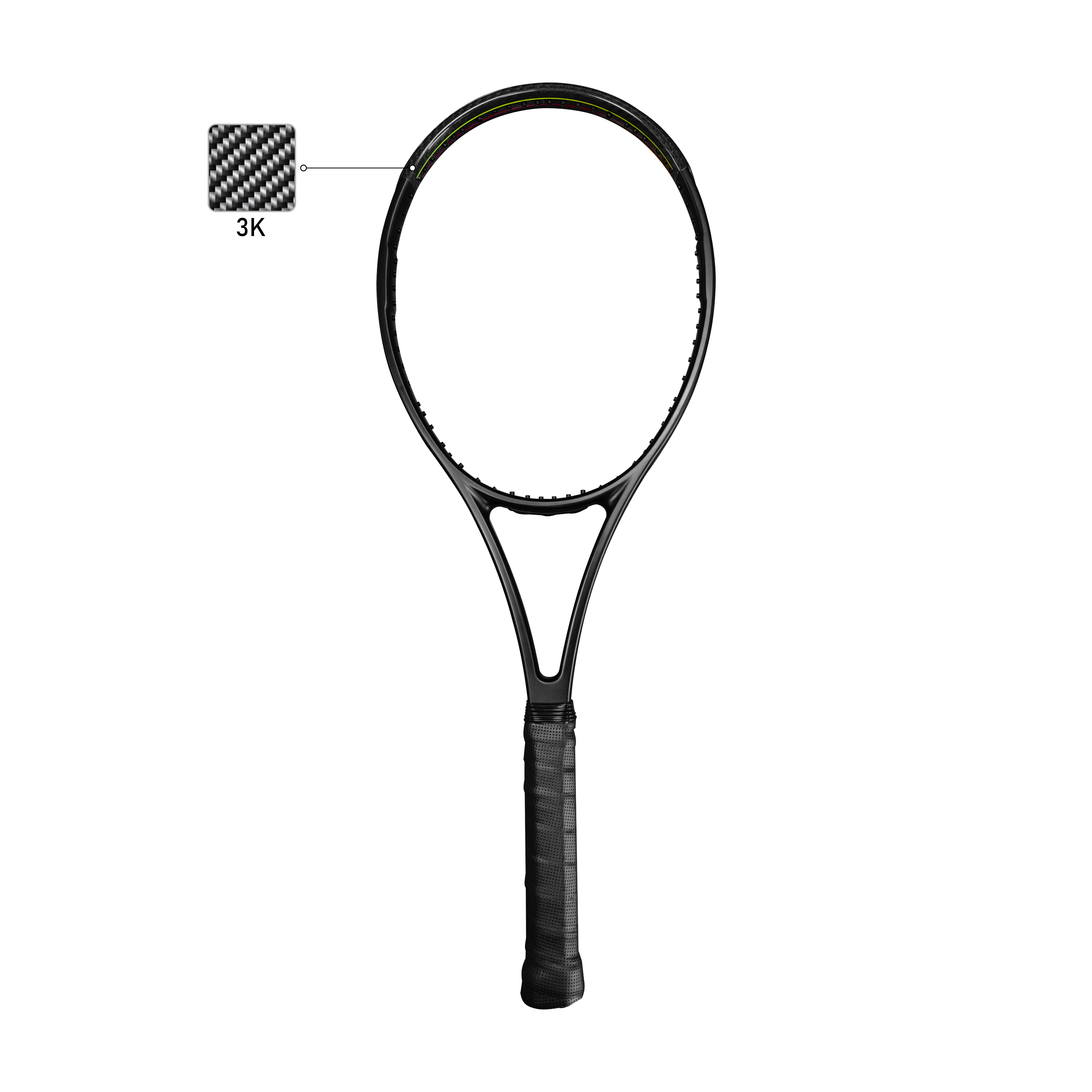 Professional carbon fiber tennis racket with a 3K high-performance racket exposed at the top of the frame shows its excellent
