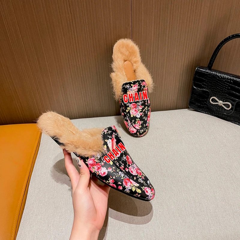 2022 winter New Lazy Floral Fluffy Slippers Women