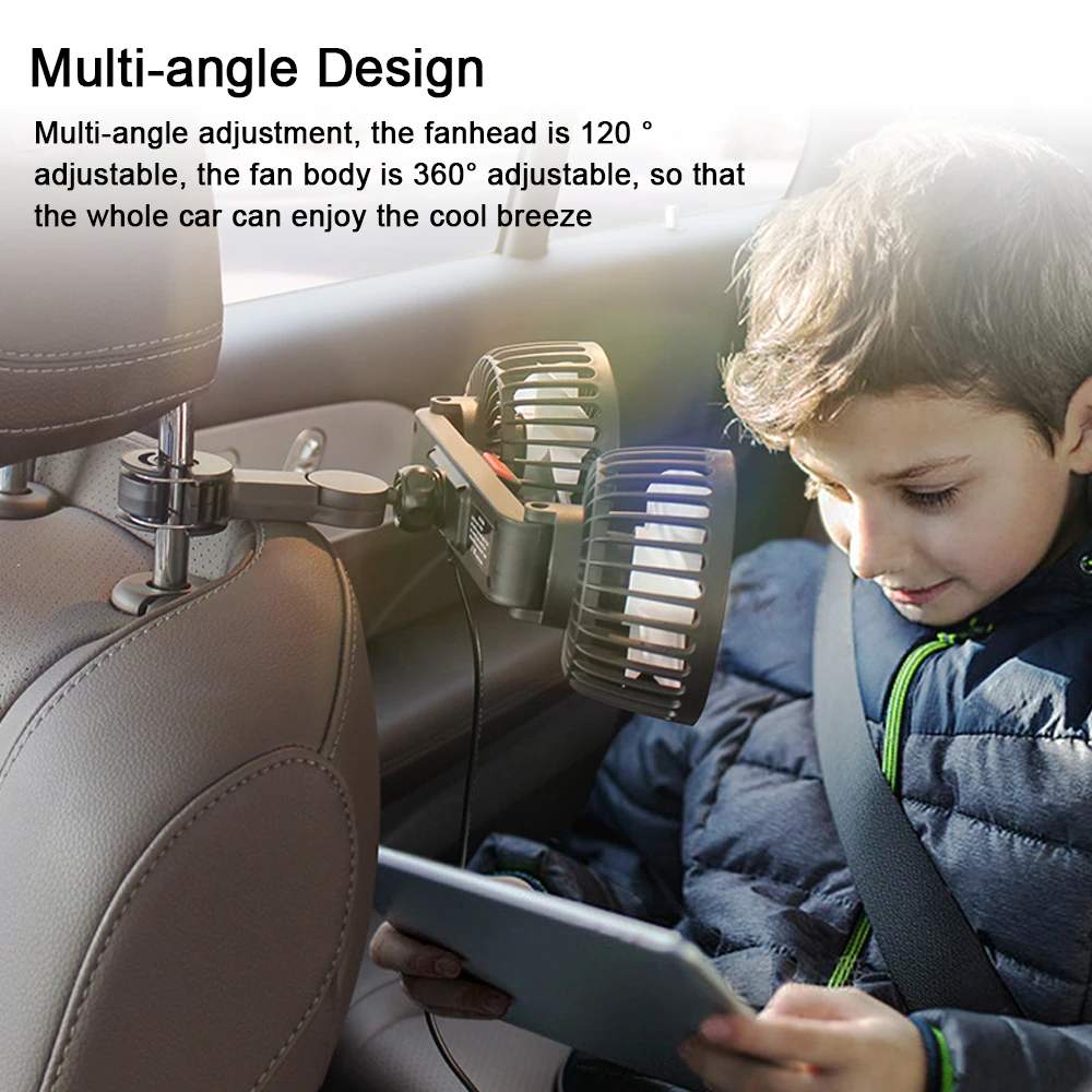 Car Seatback Cooling Fan USB Charging Portable Dual Head Car Fan 360 Degree Rotation Auto Ventilation Fan  Neck Cooler for