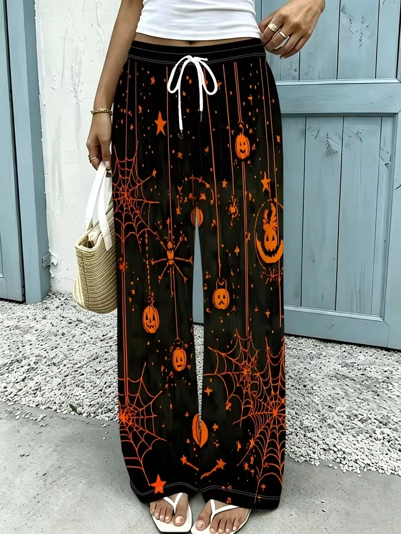 Halloween Pumpkin Spider Star Pattern 3D Print Women's Wide leg drawstring Loose sports pants loose straight tube women's pants