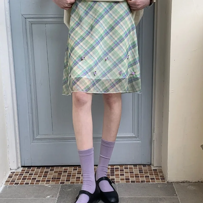 Women's Korean Fashion Color Block Purple Green Plaid Print Flower Mini Skirt Vintage Boho Mori Girl Style Summer Vacation Skirt