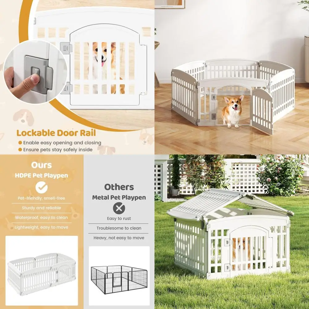 

Регулируемый 6-панельный вольер для собак с 24 высокими пластиковыми панелями, запираемой дверцей, идеально подходит для использования в помещении/на улице, подходит для собак малых и средних пород.