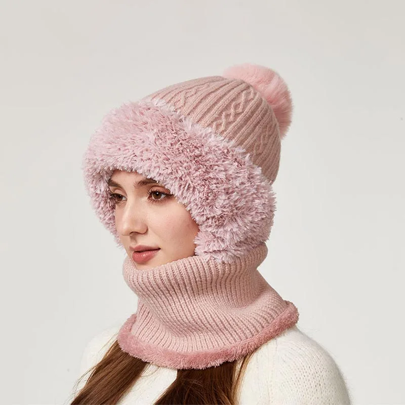 หมวกไหมพรมถักสีพื้นแบบยืดหยุ่นสูง ผ้าพันคอ หน้ากาก หมวกแบบชิ้นเดียว สีกากี สำหรับผู้หญิง ฤดูหนาว ปั่นจักรยาน กันลม สีชมพู หมวกอุ่น ขายส่ง