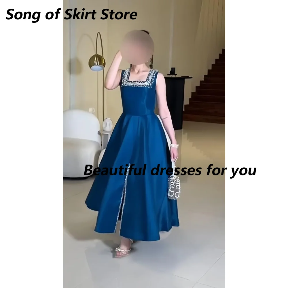 

Luxury Evening Dress for Women Crystals Square-Neck Satin A Line Prom Gown Beading Tassels Backless Party Dresses Customized