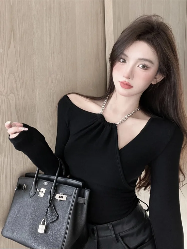 

Sexy Long Sleeve Asymmetrical T-Shirt Women's Autumn Winter Slim Fit Base Layer Top Korean Style Commute Fashion plus Size