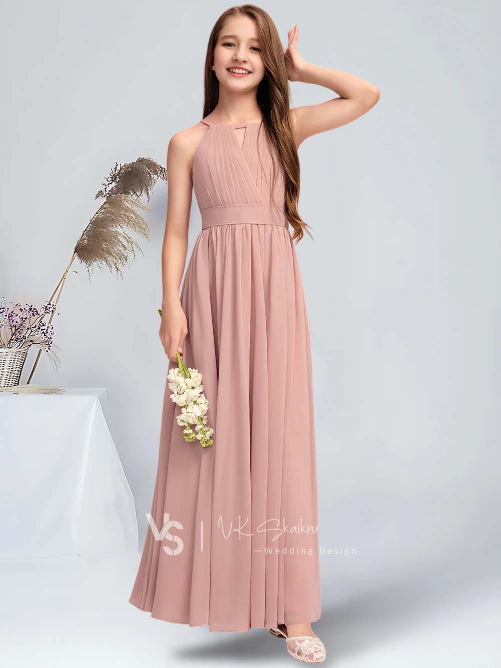 Vestido de dama de honor de gasa con cuello Halter, vestido plisado con lazo, elegante, Rosa polvorienta, longitud hasta el suelo, para boda