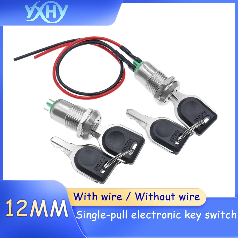 1pcs Single-pull electronic key switch metal knob 12mm, normally open, 2 pins, 2 positions, telephone lock, electronic lock, pow