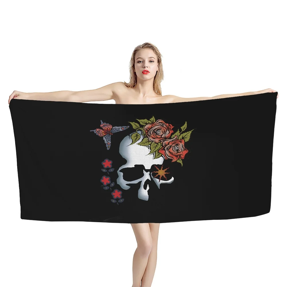 Gothic Rose and Skull Beach Towel Quick Dry Soft Quick-drying Bath Towel for Adult Kid Horrible Art Style Rectangle Shower Towel