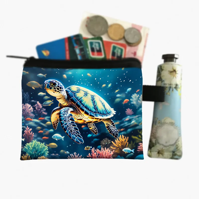 Sea Animal Otter Print Coin Bag Octopus Dolphin Jellyfish Turtle Seal Starfish Coin Purse Card Key Earphone Holder Zipper Pouch