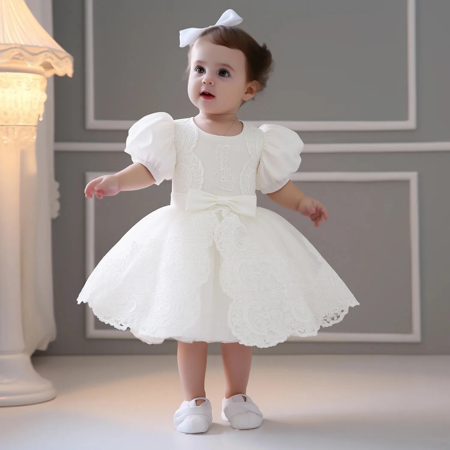 

Elegant Baptism Princess Party Baby Girls Dress Toddler White Flower 1st Birthday Wedding Prom Dress Baby Bow Bridesmaid Costume