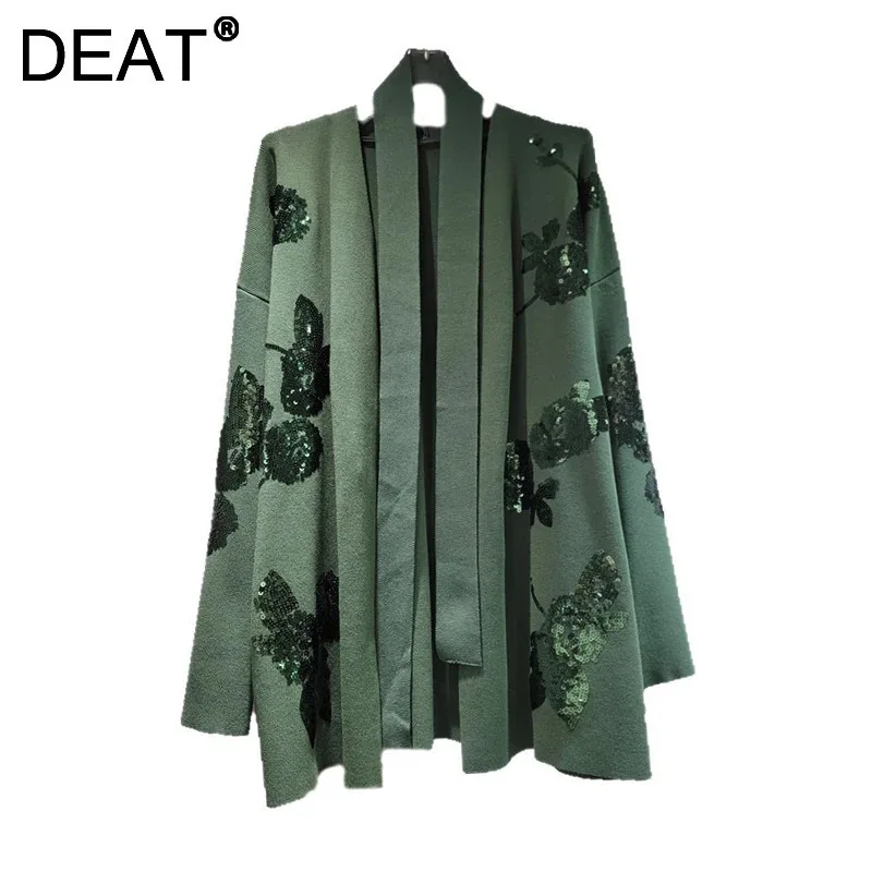DEAT Women's Cardigan Loose Embroidery Sequins Flowers Casual Long Sleeve Knitted Sweaters 2025 New Autumn Fashion 29A2681