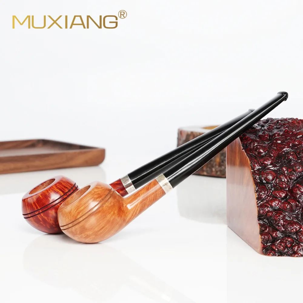 

MUXIANG Bulldog tobacco pipe Briar wood pipe Long straight vulcanized rubber mouthpiece Bowl inner diameter 18mm Depth 24.5mm